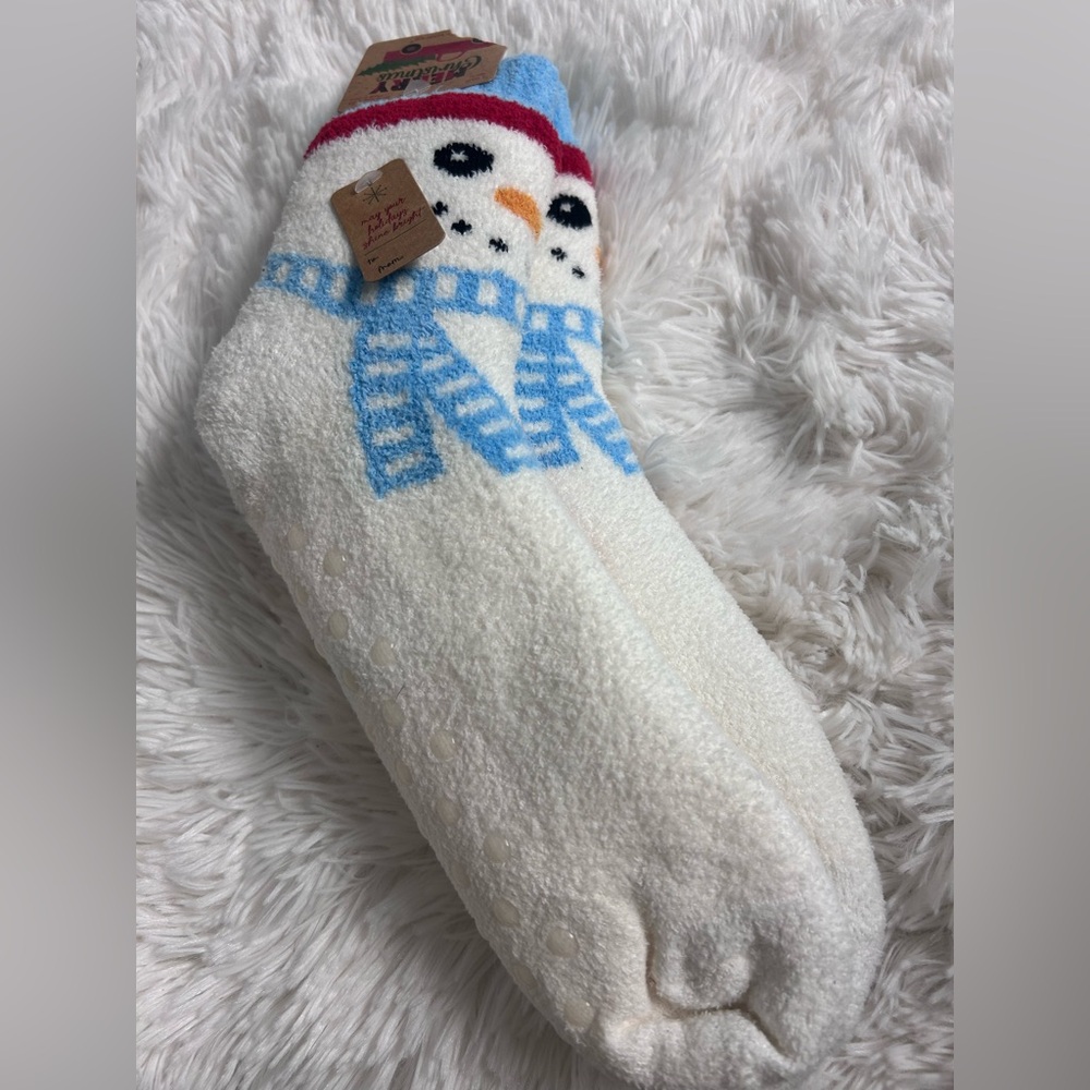 Cozy Women’s Snowman‎ Fuzzy Socks - White & Blue NWT